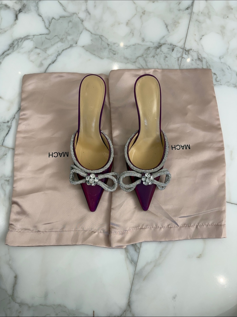 MACH & MACH Purple Crystal Double Bow Pointed Mules